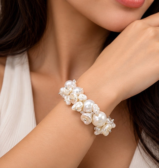 Freshwater pearl and keshi bracelet worn on wrist