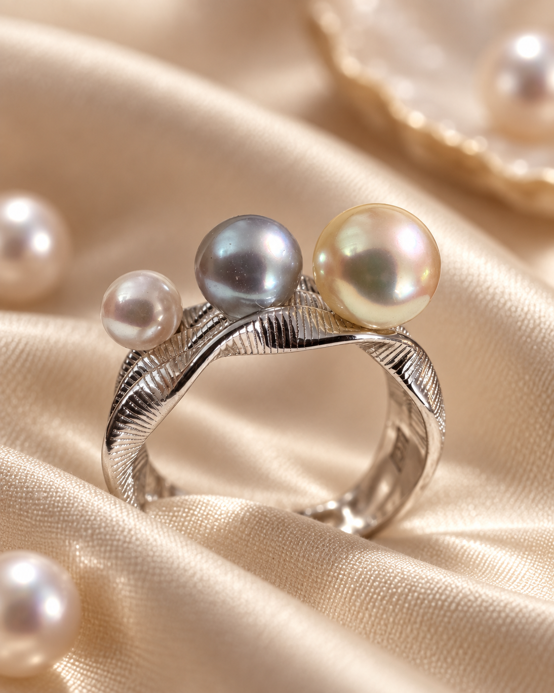 Professional satin presentation of PEM Expressions Trio Akoya Pearl adjustable S925 ring