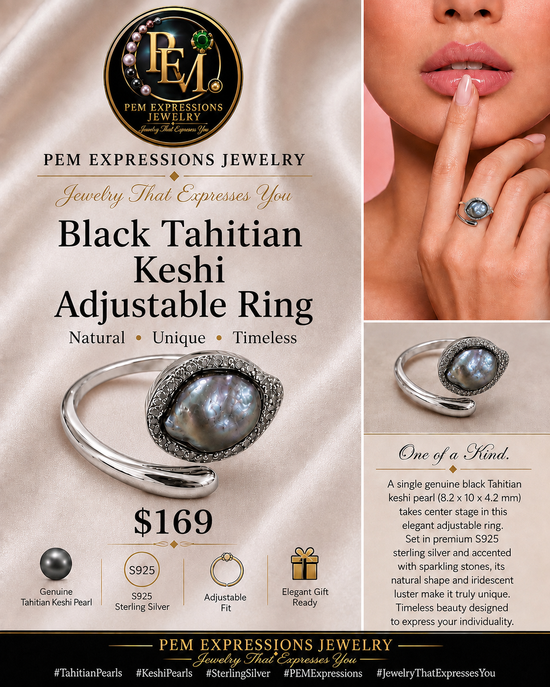 Black Tahitian Keshi Pearl Adjustable S925 Ring