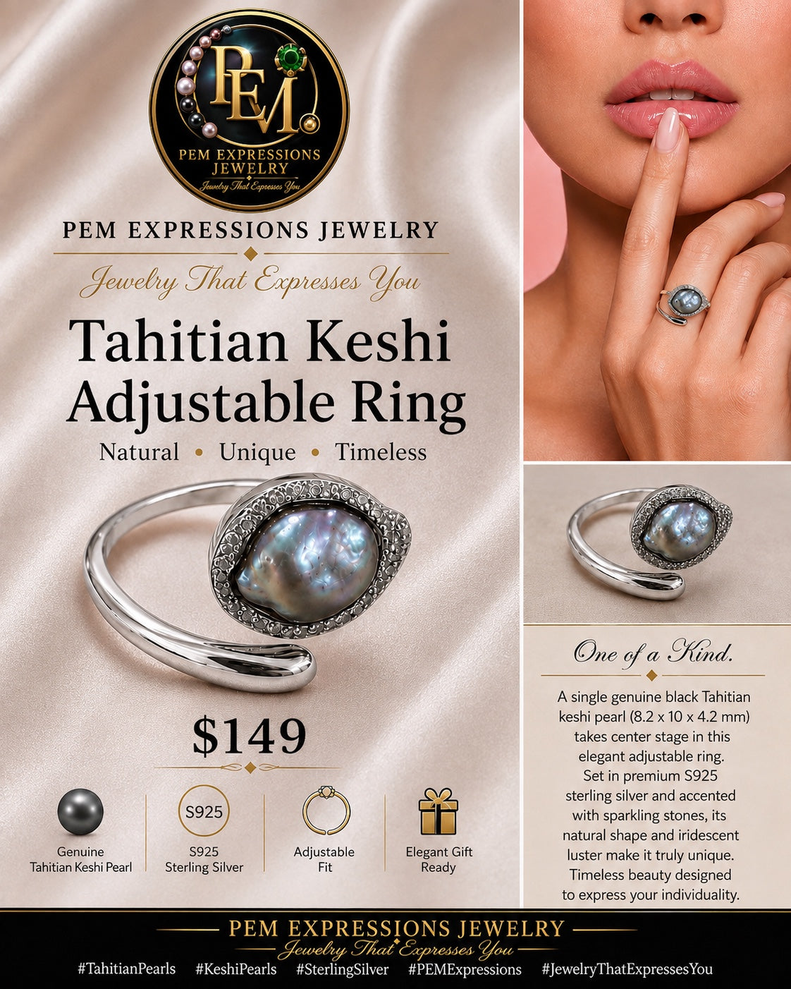PEM Expressions Jewelry Black Tahitian keshi adjustable ring advertisement