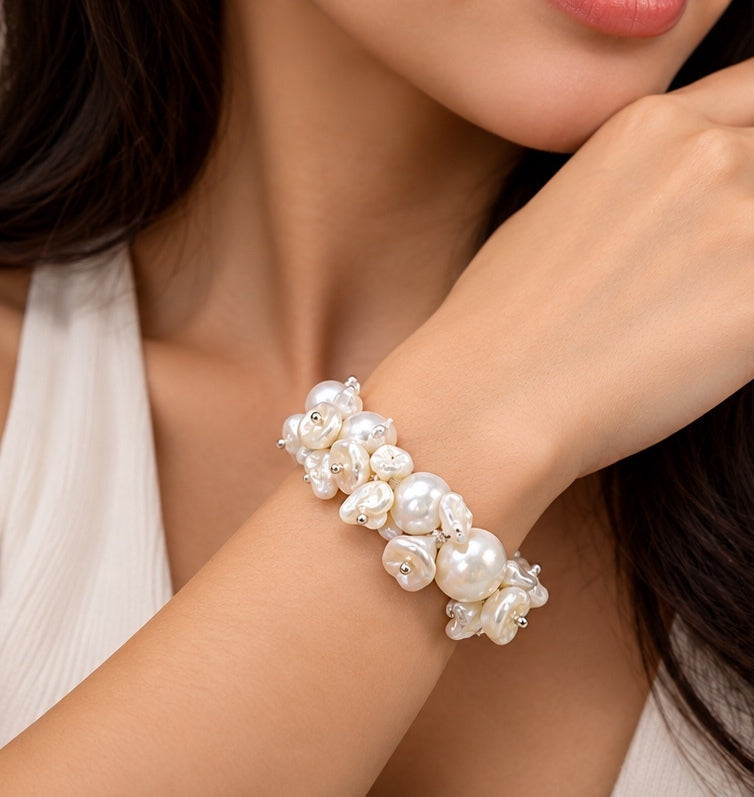 Freshwater pearl and keshi bracelet worn on wrist