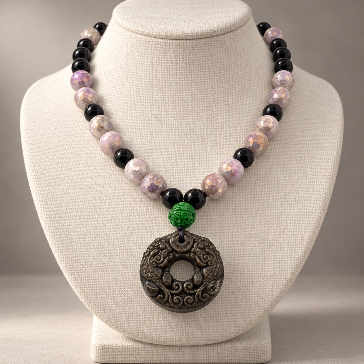 AI-styled display illustration of necklace on ivory bust; see original photos for exact details