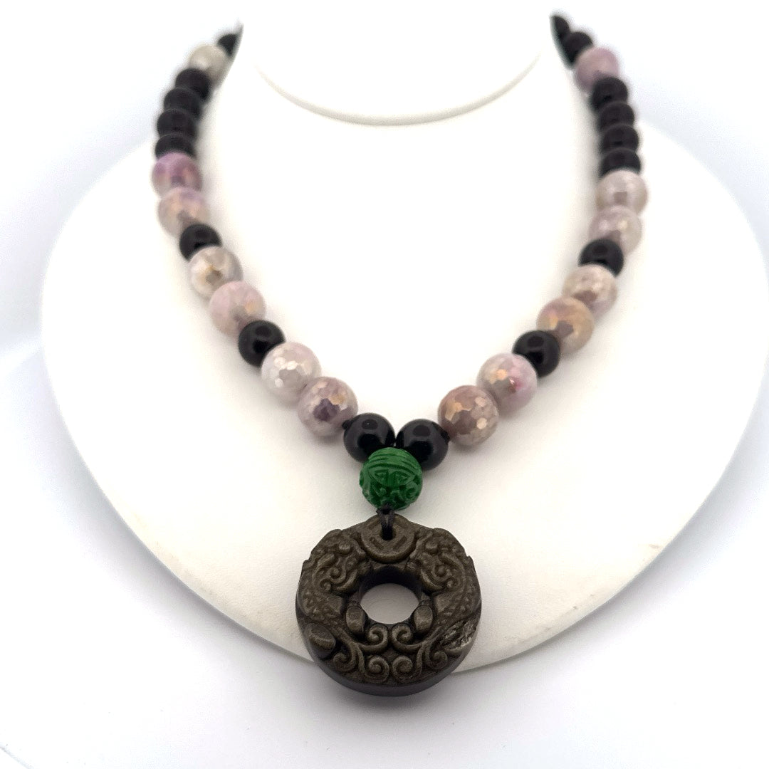 Actual 18-inch mystic lavender jade and obsidian necklace with carved donut pendant and green jade accent