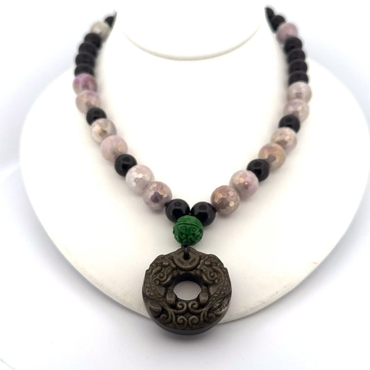Actual 18-inch mystic lavender jade and obsidian necklace with carved donut pendant and green jade accent