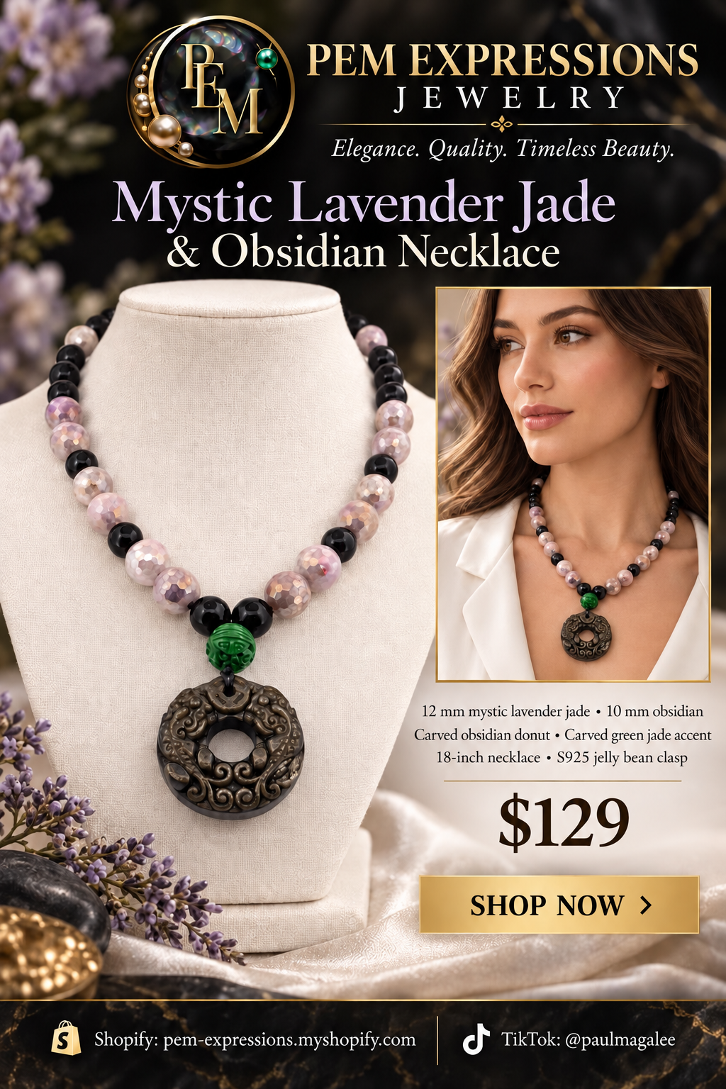 PEM Expressions Jewelry necklace advertisement at $129 with AI-styled display and model