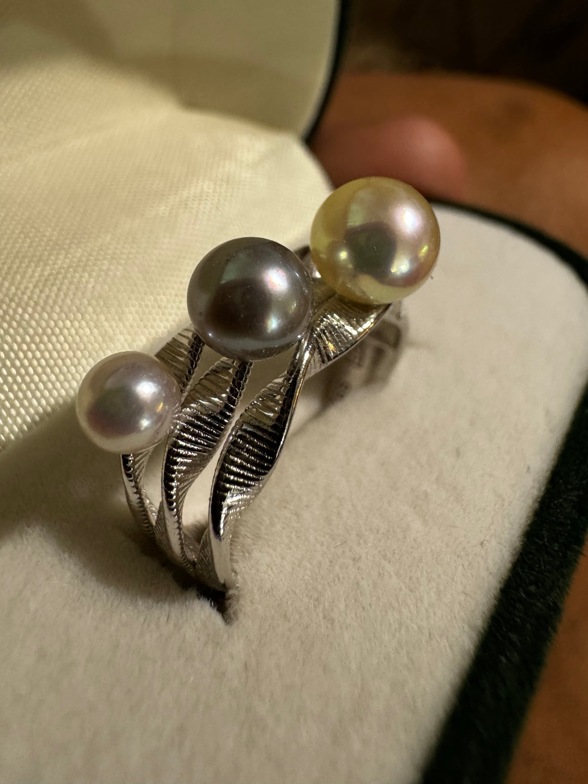 Top view of PEM Expressions Trio Akoya Pearl adjustable S925 sterling silver ring